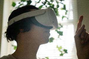 Player experiencing AR gaming with augmented reality headset