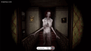 Two players exploring a haunted mansion with flashlights.