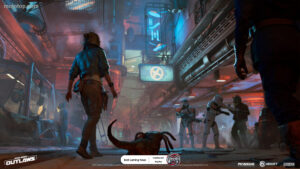 Screenshot of gameplay from Star Wars Outlaws featuring Kay Vess in combat.
