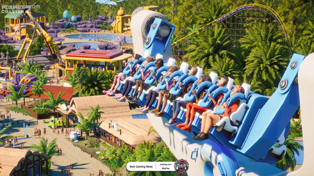Planet Coaster 2 theme park ride showcasing a colorful roller coaster with loops and turns.