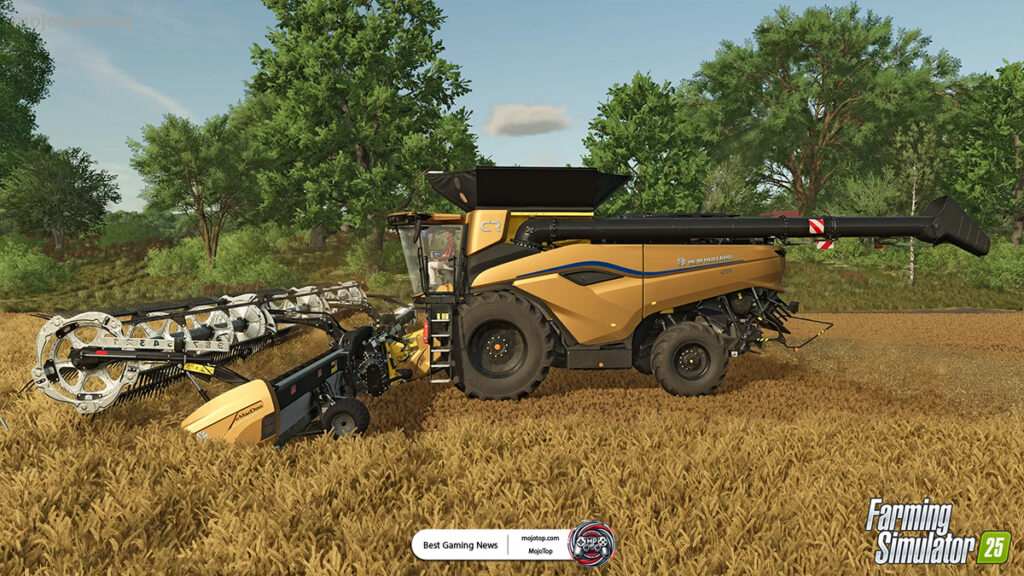 Modern agricultural machinery in use in Farming Simulator 25.