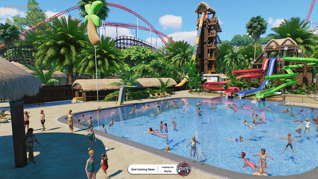 Multiplayer gameplay in Planet Coaster 2 with friends building a theme park together.