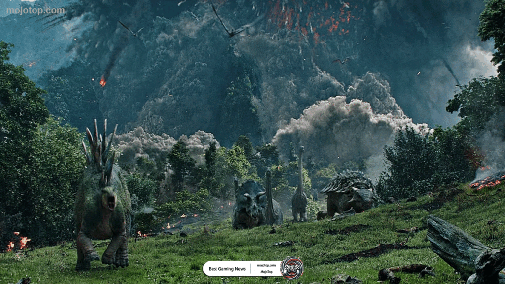 Dinosaur stalking its prey in the lush jungles of Jurassic Park: Survival.