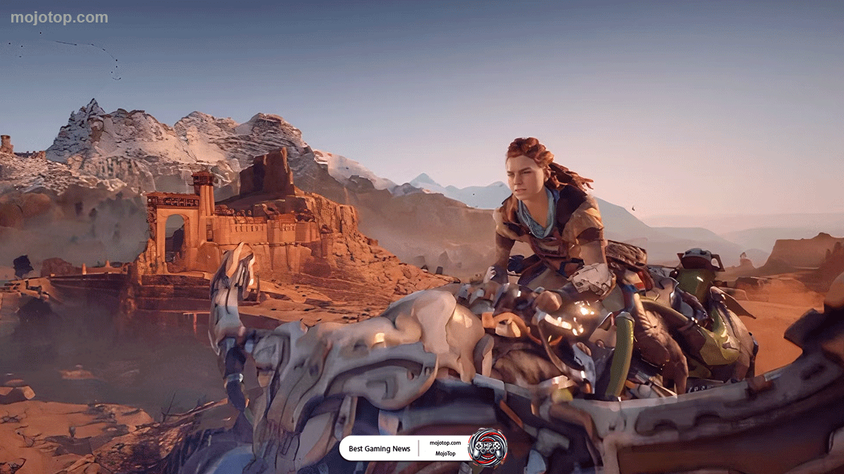 Post-apocalyptic landscape from Horizon Zero Dawn Remastered with lush vegetation and mechanical creatures