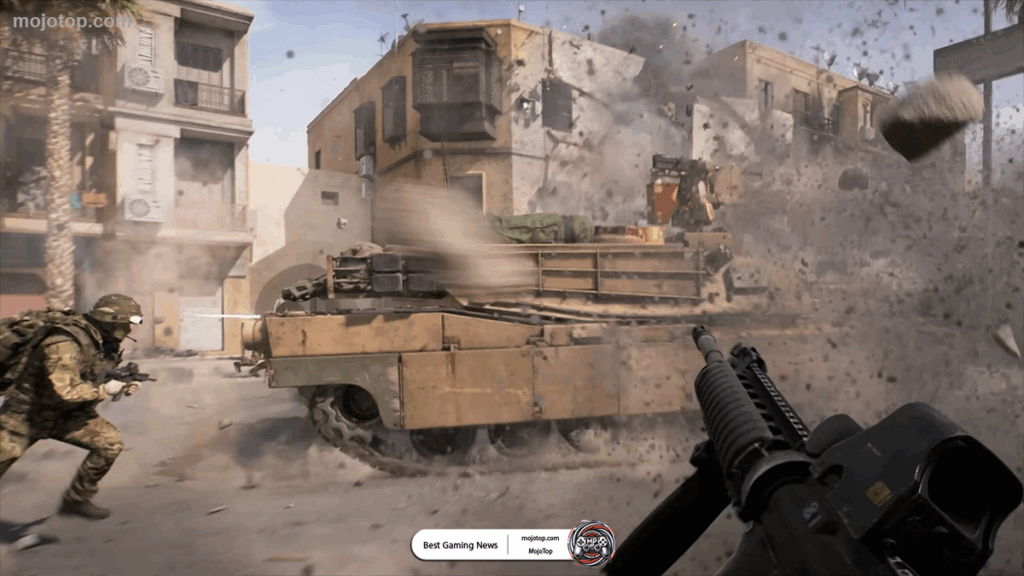 Battlefield 6 gameplay scene with infantry squad near water and destructible surroundings