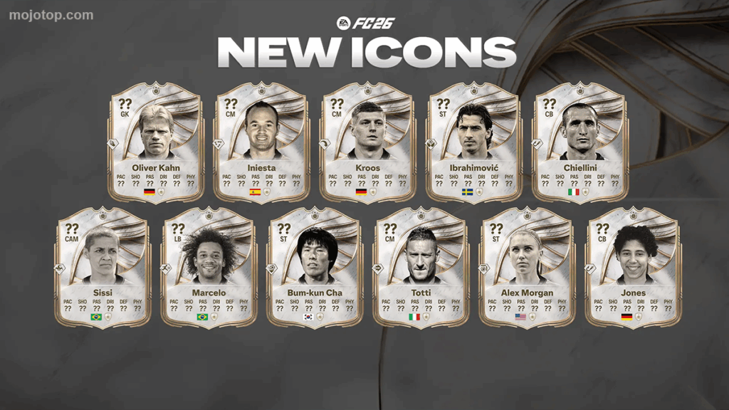 FC 26 Ultimate Team Icons card lineup featuring legendary players like Zidane and Ronaldo
