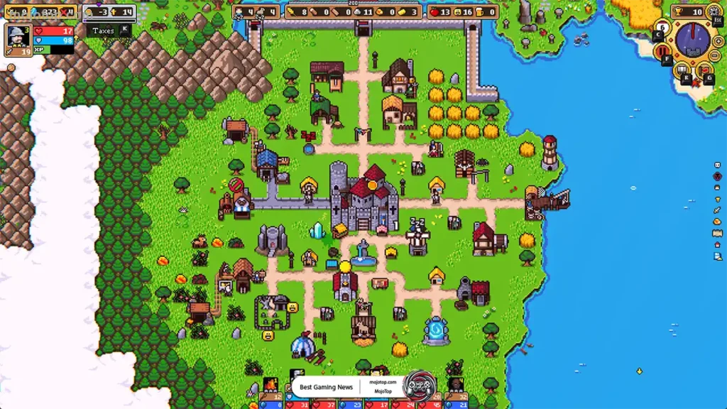 Super Fantasy Kingdom gameplay showing city building and defense waves